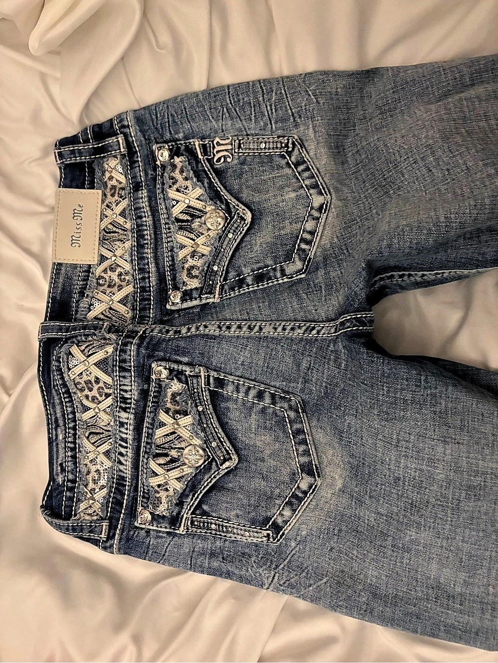 Miss Me Embellished Bootcut Jeans in Blue Waist 29